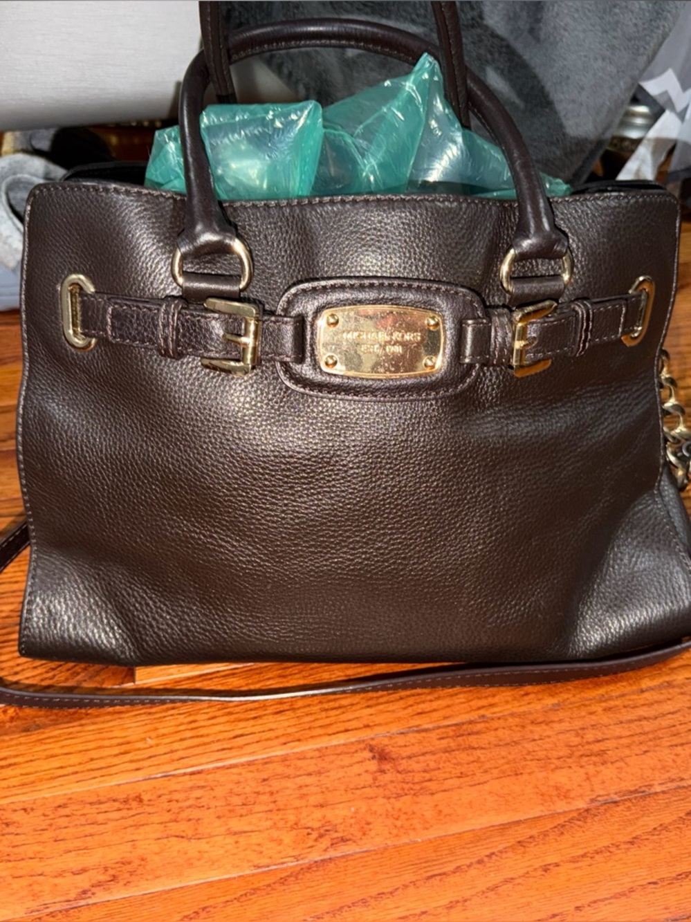 Michael Kors Dark Brown Leather Satchel with Gold Hardware